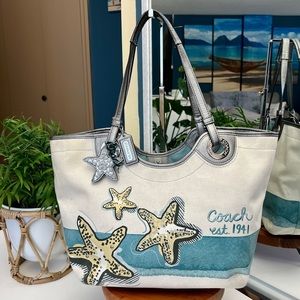 COACH Bag Shoulder Bag Tote Bag Beige and Teal Large size Canvas.